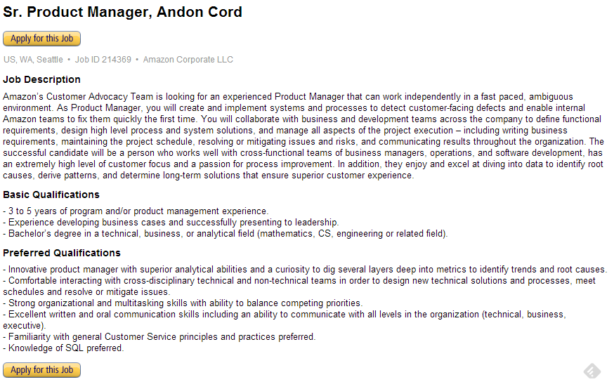 product manager, andon cord, amazon.com